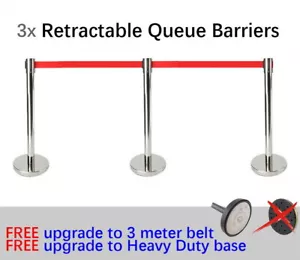 3x Queue Barriers Crowd Control 3 meter Retractable Belt stanchions - Picture 1 of 7