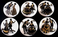 Collection of 6 Czech Glass Decal Buttons #B028 - ROCOCO COUPLES with 24 CT GOLD