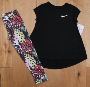 Nike Girl T-Shirt & Legging Set ~ Black, White, Red & Yellow ~ DRI-FIT ~ Size 6 - Picture 1 of 4