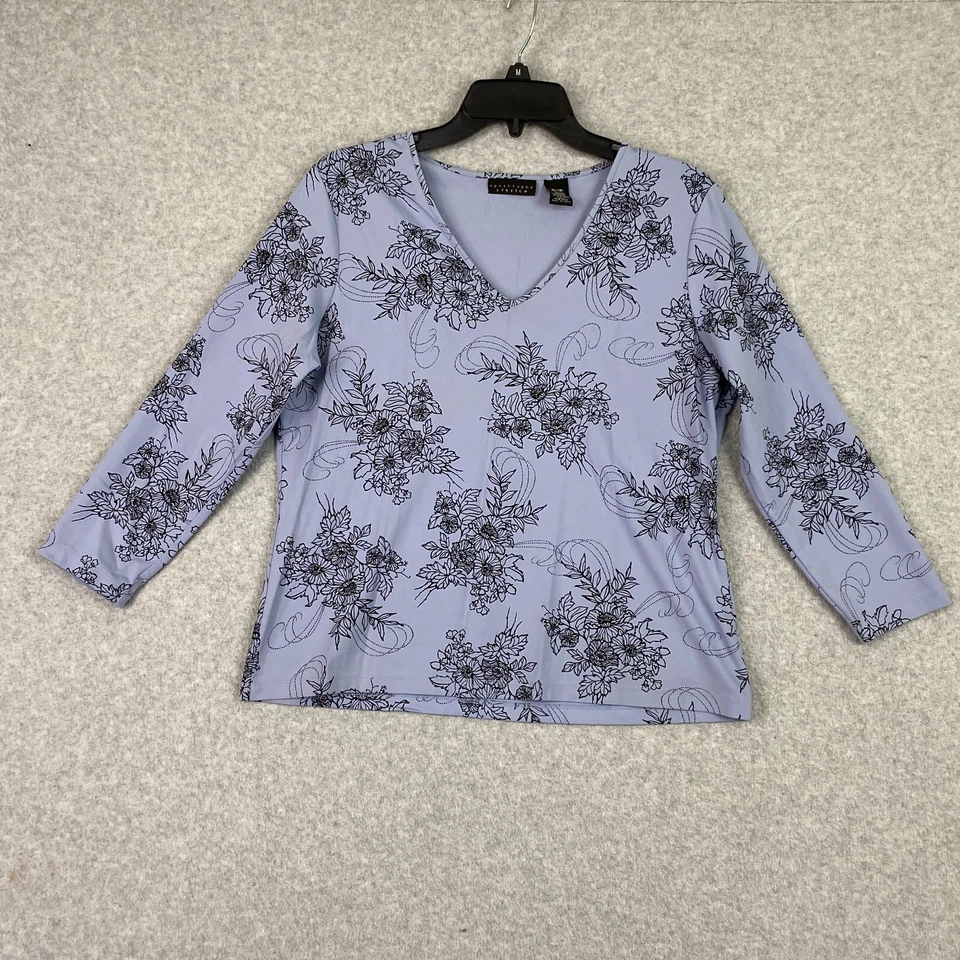 Apostrophe Top Womens XL Blue Floral V Neck 3/4 Sleeve Stretch Pullover Blouse - Imagem 1 de 4