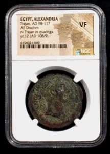 Alexandria AE Drachm of Roman Emperor Trajan Quadriga Rev Struck 108 AD NGC VF - Picture 1 of 3