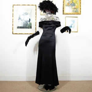Vintage 1980s Black Satin Maxi Gown Dress Fur Trim Glam Sleeveless Size S UK 8 - Picture 1 of 8