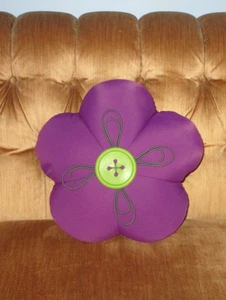 Discontinued Brookstone FOM Tablet Purple Flower Pillow Big Green Button w Loops - Picture 1 of 5
