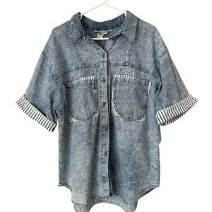 Vintage Jeanshemd mit Streifen Damen Gr. XL 80er 90er Acid Wash Toleranz Lesen " - Bild 1 von 7