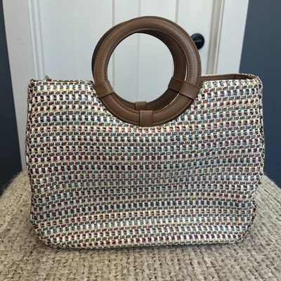 Cartera de mano multicolor fósil aspecto tejido bronceado asas redondas diversión playera como está Foto 1 de 4