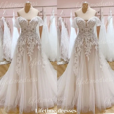 Champagne Wedding Dresses Off Shoulder Tulle Elegant Lace Floral Bridal Gowns - Image 1 of 4