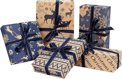 HAIPICHO Christmas Wrapping Paper Set–10 Sheets Kraft & Navy, Reindeer & Snowflake Prints