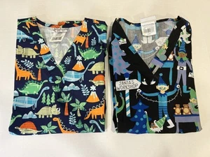 2 UA Scrubs Top Women Sz Large Dinosaur Christmas Elves Short Sleeve Pockets - Picture 1 of 21