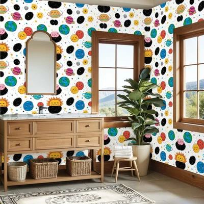 Papel tapiz de dibujos animados garabatos para pelar y pegar planetas espaciales papel de contacto 17,7*118,1 pulgadas Foto 1 de 4