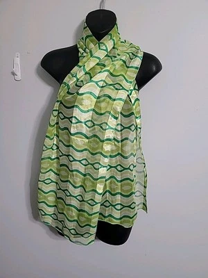 Bufanda rectangular retro verde y blanca con estampado transparente geométrico 12”x61” para mujer  Foto 1 de 4