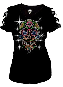 Bling Bling Sugar Skull Rhinestone T-Shirt,w Heart & Neon Studs S to 4XL Short - Picture 1 of 1