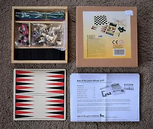 COMPACT TOY WOODEN COMPENDIUM GAMES SET CHESS DRAUGHTS PICKASTICK BACKGAMMON - Picture 1 of 3