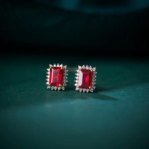 Natural Ruby Octagon Gemstone 925 Sterling Silver Women Designer Stud Earrings - Picture 1 of 3