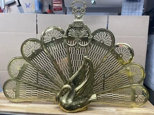 VINTAGE UNUSUAL BRASS ART DECO SWAN FIREPLACE SCREEN HEARTH FAN 38" WIDE - Picture 1 of 24