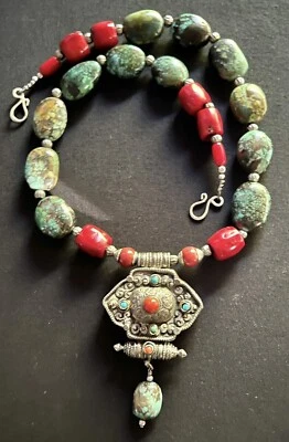 Tibetan Ghau Gau Turquoise &  Red Coral Vintage Nepalese Boho handmade Necklace. - Image 1 of 4