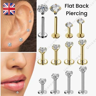 Stud Earrings Flat Back Piercing Clear Gem Tragus Helix Cartilage Labret 6 8 4mm - Image 1 of 4