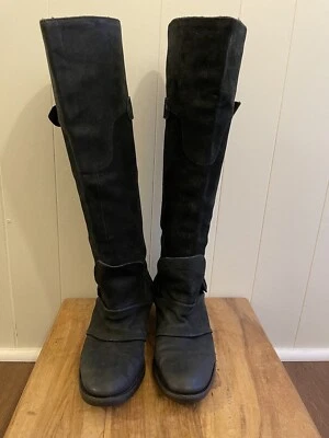 Vera Wang Lavender Riding Boots 8.5 Black Full Grain Leather Knee High Harness - Image 1 of 4