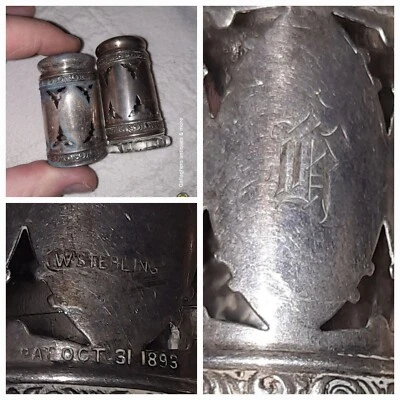 Par de coctelera antigua Watrous Mfg 31 de octubre de 1893 plata esterlina gótica sal pimienta Foto 1 de 4