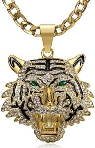 Strass & Emaille grüne Augen Tigerkopf eisig Anhänger GP - Bild 1 von 6
