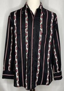 Vintage Wrangler Shirt Mens Large Black Pearl Snap Aztec Brushpopper Western - Picture 1 of 10
