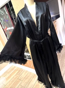 Sissy Robe Black Satin Feel, Trumpet Sleeve, Long , Ruffle Trim Sz L xb72 - Picture 1 of 13