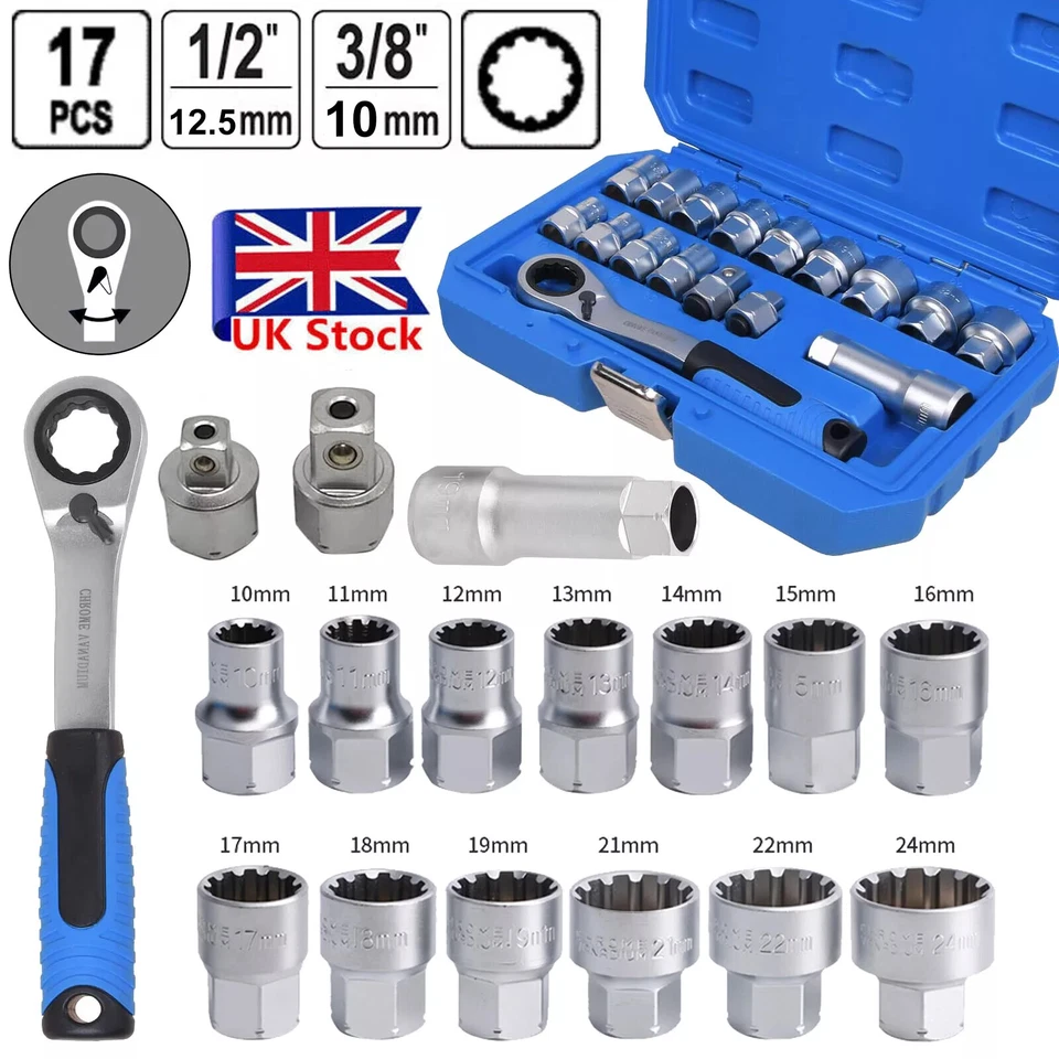 17Pcs Socket Set Metric Go-thru 3/8" 1/2" Adaptors Ratchet Go Through 10-24mm UK - Image 1 of 4