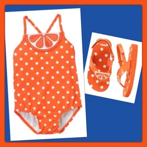 NWT 12-18 Gymboree CITRUS COOLER orange Dot 1pc SWIMSUIT & Flip Flops (5/6) SET - Picture 1 of 7