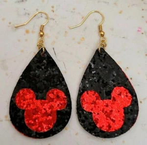 Handmade 18k Gold Plated Red M Mouse Teardrop Faux Leather Earrings - Picture 1 of 4