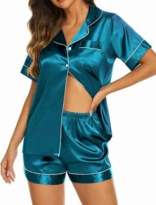 2 Piece Pjs Shorts Set Women's Short Sleeve Satin Pajamas Button Down Loungewear - Picture 1 of 120