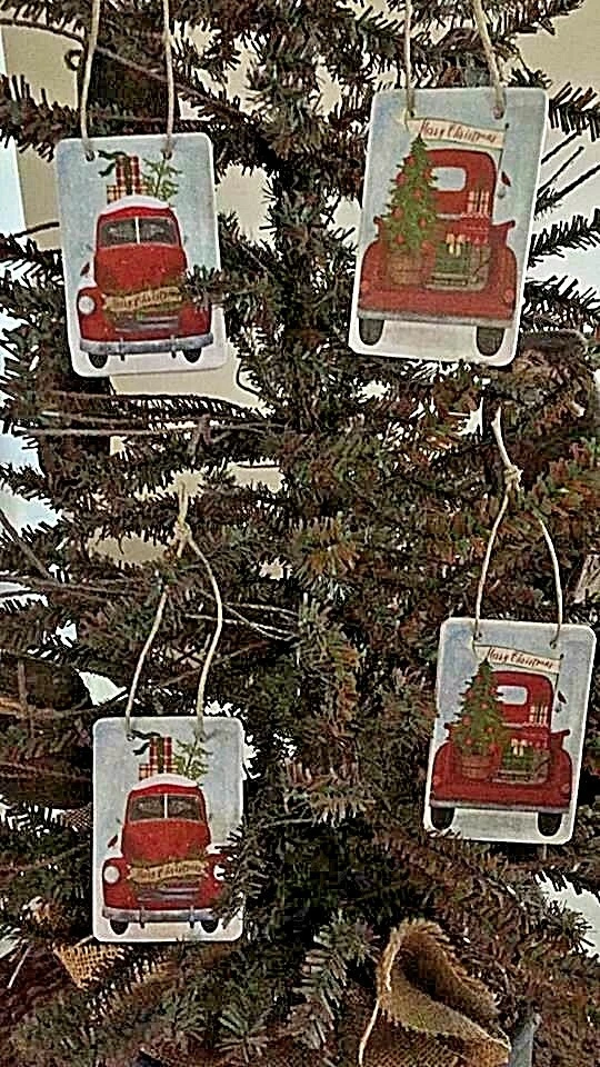 Handmade Primitive Vintage Red Truck Tags /Ornies CHRISTMAS TREE - Image 1 of 2