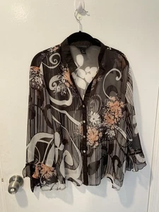 Investments Top Womens Sheer Large V Neck   Ruffle  3/4 Sleeve - Picture 1 of 4