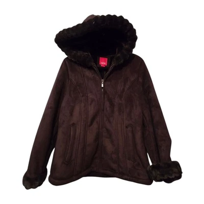 Vintage 90s Y2K Esprit Faux Suede Fur Coat Jacket Women LG Brown Hood Penny Lane - Image 1 of 4