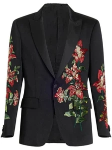 Schwarzer einreihiger Blazer Jacke rot Blumenstickerei tailliert Dinner Mantel - Bild 1 von 6