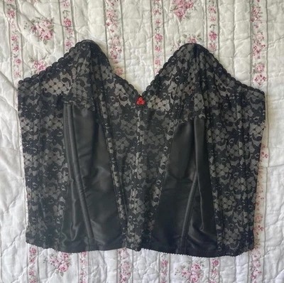 1950s Lady Marlene Black Lace Panel Bustier Corset Top W/ Red Rosettes Size 38D - Image 1 of 4
