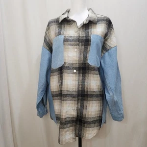 GLAM Blue Denim Flannel Taupe Plaid Patchwork Button Down Shacket, Medium - Picture 1 of 8