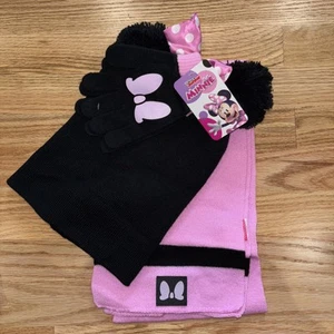 Disney Minnie Mouse Beanie Hat Girl Toboggan Gloves Scarf Mitten Set Pom Ear Bow - Picture 1 of 2