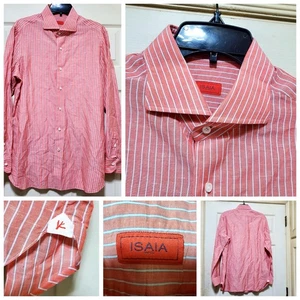 ISAIA Napoli Shirt Mens 16.5 42 Red White Striped Made Italy Long Sleeve Career - Picture 1 of 17