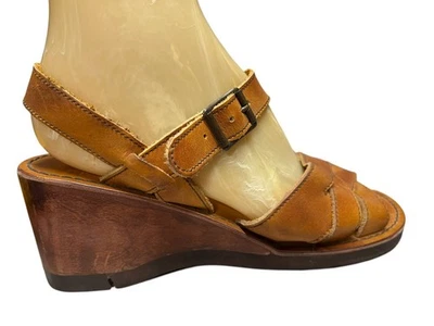 Talla 8 Nuevo De Colección Años 70 Zapato CUERO Sandalia con Cordones Madera Cuña TACÓN Dunham Brasil Foto 1 de 4