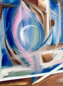 Retro Mid-Century Abstract Expressionist Art Painting 24x18" MCM Blue Brown Pink - Picture 1 of 6