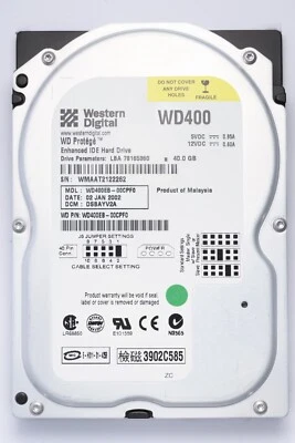 WD Protege 40GB IDE Desktop Hard Drive Model WD400EB-00CPF0 P/N WD400EB-00CPF0 - Image 1 of 2