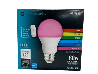 ECO-SMART Ecosmart 60W LED Bulb, Color Changing A19 with Remote