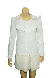 Des Petites Top S T1 Women Casual Buttondown Jacquard Ruffled Blouse NEW 29702 - Picture 1 of 6