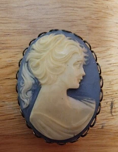 Vintage Cameo Brooch Lady with Pony Tail White Blue 1.5" Resin  - Picture 1 of 4