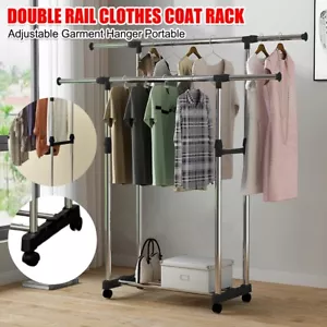 Adjustable Double Clothes Rack Stainless Steel Garment Holder Coat Hanger Stand - Picture 1 of 12