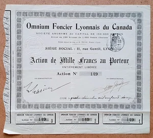 Canada & Dépt 69- Lyon - Très Rare Action Omnium Foncier Lyonnais du Canada 1912 - Picture 1 of 1