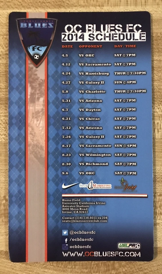 2014 Orange County Blues FC足球磁性时间表  — 第 1/1 张图片