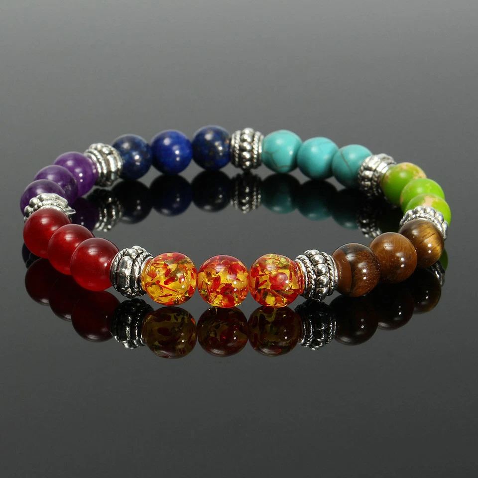 DOUVEI NLQ403038 Crystal Chakra Lava Stone Reiki Amethyst Beaded Bracelet Bangle