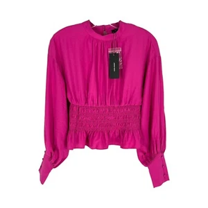 ASOS Vero Moda Blouse Womens Size XS Bright Pink Shirred Waist Keyhole Neck NEW - Picture 1 of 11