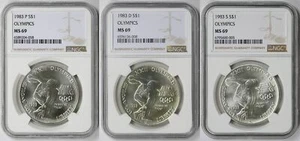 1983 PDS 3 Coin Set Olympics Discuss Thrower Commemorative Silver $1 MS 69 NGC - Picture 1 of 8