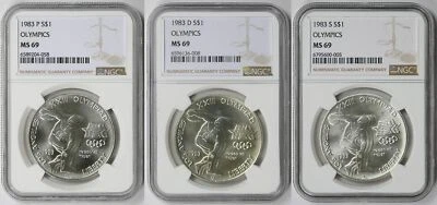 1983 PDS 3 Coin Set Olympics Discuss Thrower Commemorative Silver $1 MS 69 NGC - Image 1 of 4